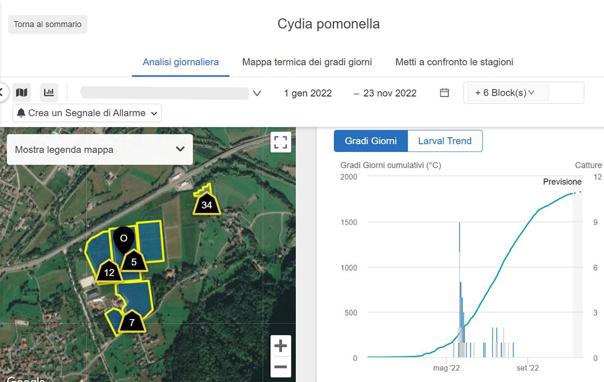 Piattaforma con focus sulle trappole di Carpocapsa e sulla destra della mappa il grafico dell'andamento dei voli con modello dei gradi giorno accumulati.